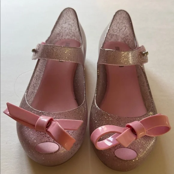 MINI MELISSA Girls 12 Glitter Pink Mary Janes w Bow, Peep Toe & Velcro Sandals - Picture 5 of 6